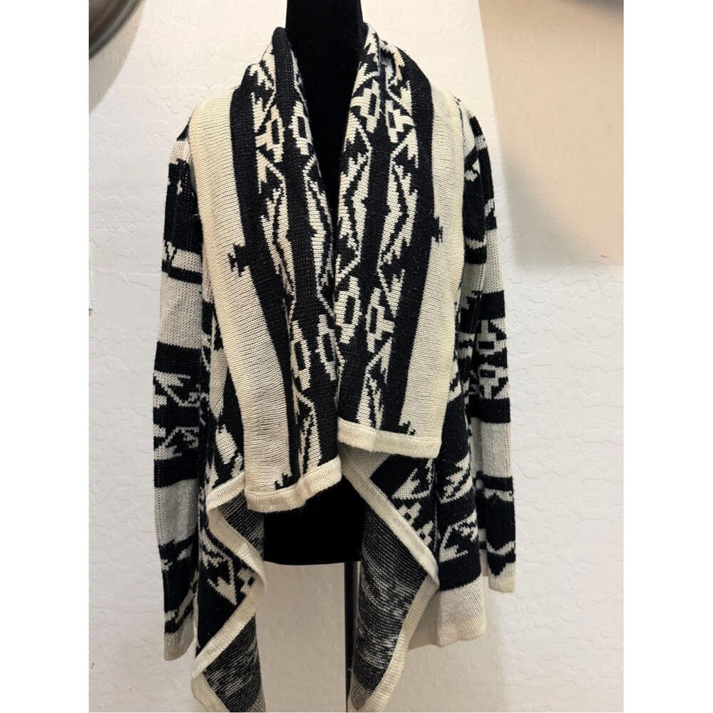 Love Culture Aztec Waterfall Cardigan Black Ivory Open Front Sweater Size L